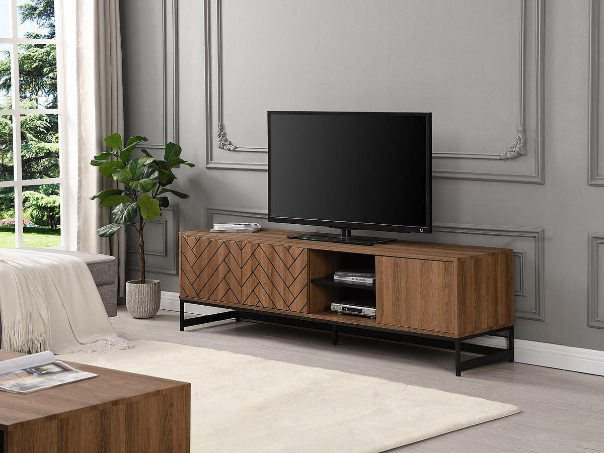 TV Möbel mit 3 Türen & 2 Ablagen - MDF - Naturfarben & Schwarz - CARATANA - Schwarz, Holz (180/50/40cm) - Vente-Unique
