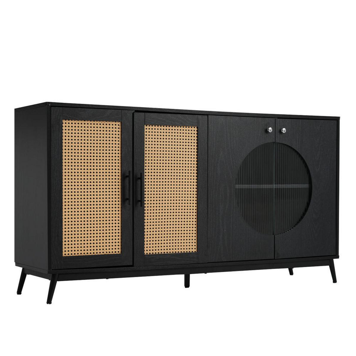 SIDEBOARD mit Glastüren aus Rattan, Halbrunde Tür,Schwarz - Schwarz, Holz (40/80/160cm) - KOMHTOM