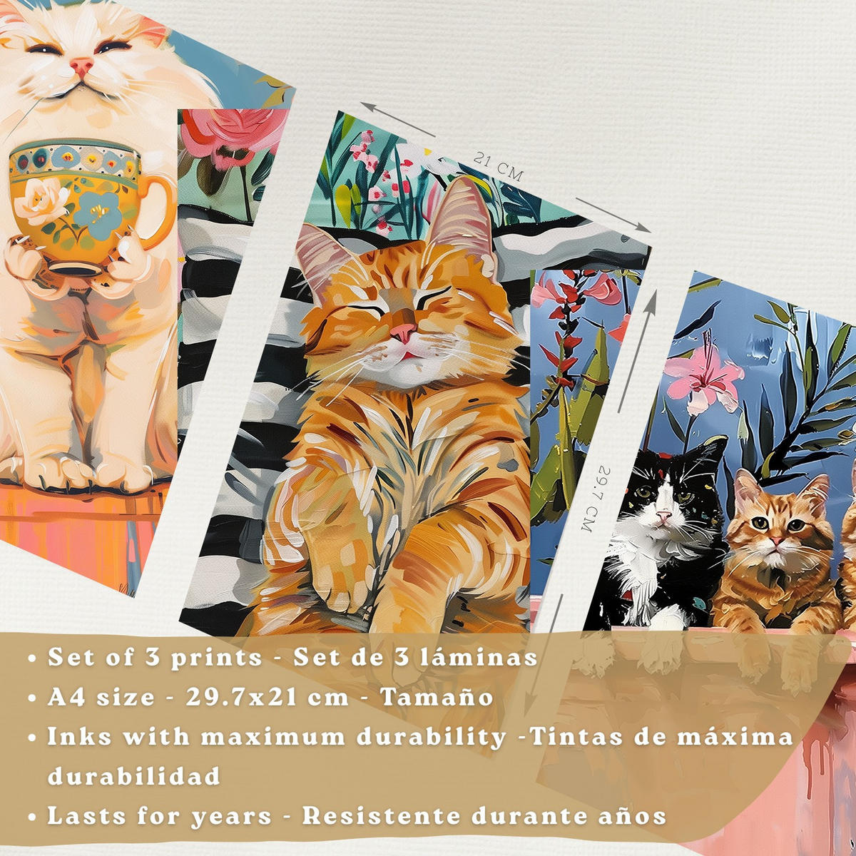 PLAKAT Sada 3 Funny Cats A4 Černý rám - černá, papír (29.7/1/21cm) - Nacnic