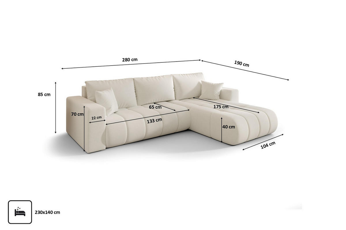 ECKSOFA mit schlaffunktion und bettkasten MILO PREMIUM, stoff WIND, Ecru, Rechts - Ecru, Holz (280/190cm) - Kaiser Möbel