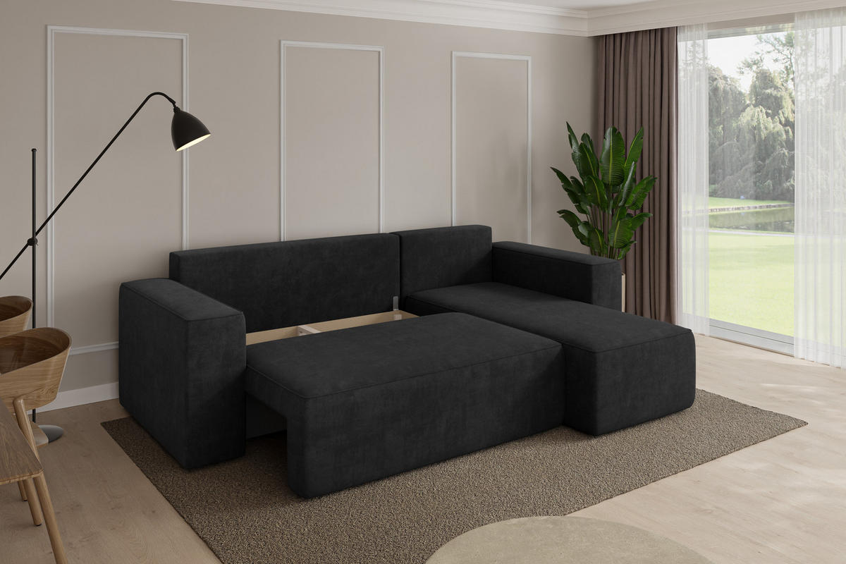 ROHOVÁ SEDAČKA s funkcí spaní, otoman vpravo SENO-L 249x139x85 černá velur - černá, kompozitní dřevo/textil (249/139cm) - ALTDECOR