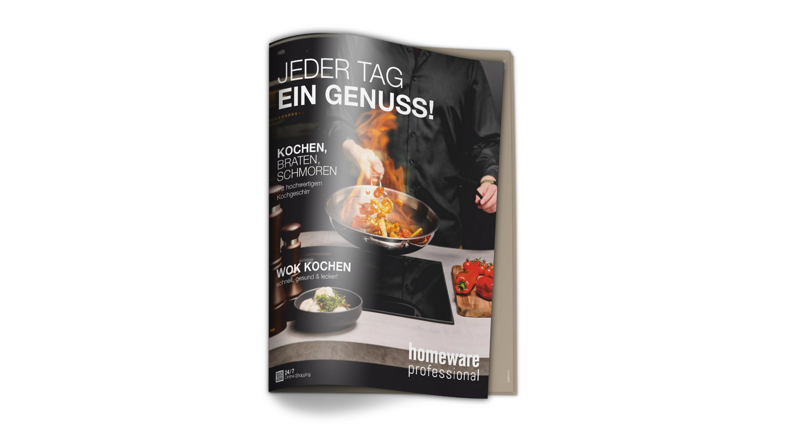 Aufgeschlagenes Kochbuch mit einem Koch, der eine Pfanne mit Flammen über einem Herd hält, daneben Gemüse und Text mit den Worten "JEDER TAG EIN GENUSS!"