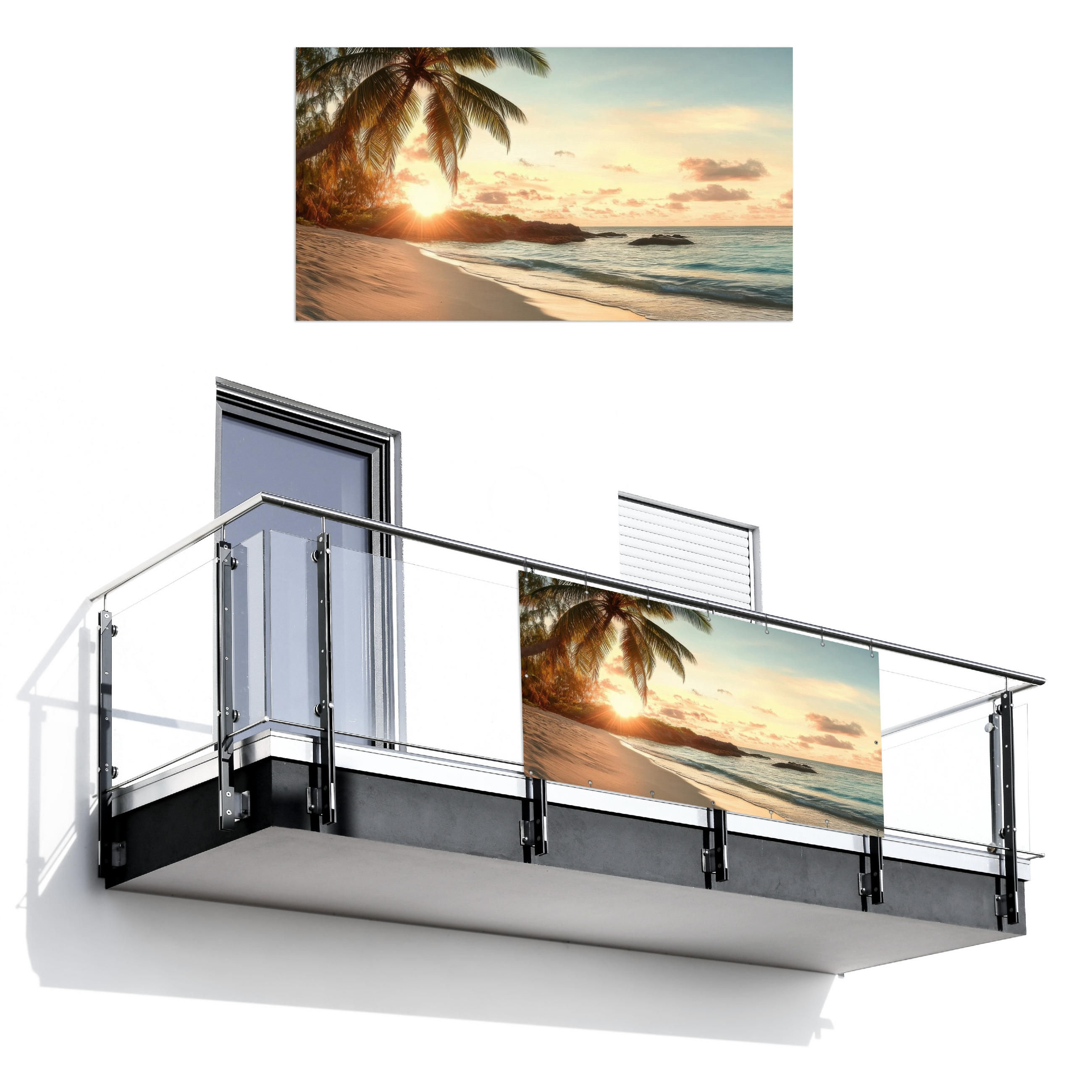 BALKON-SICHTSCHUTZ Strand - Palmen - Meer - Sonnenuntergang 200x110 cm - Samtahornfarben, Kunststoff (200/110cm) - MuchoWow