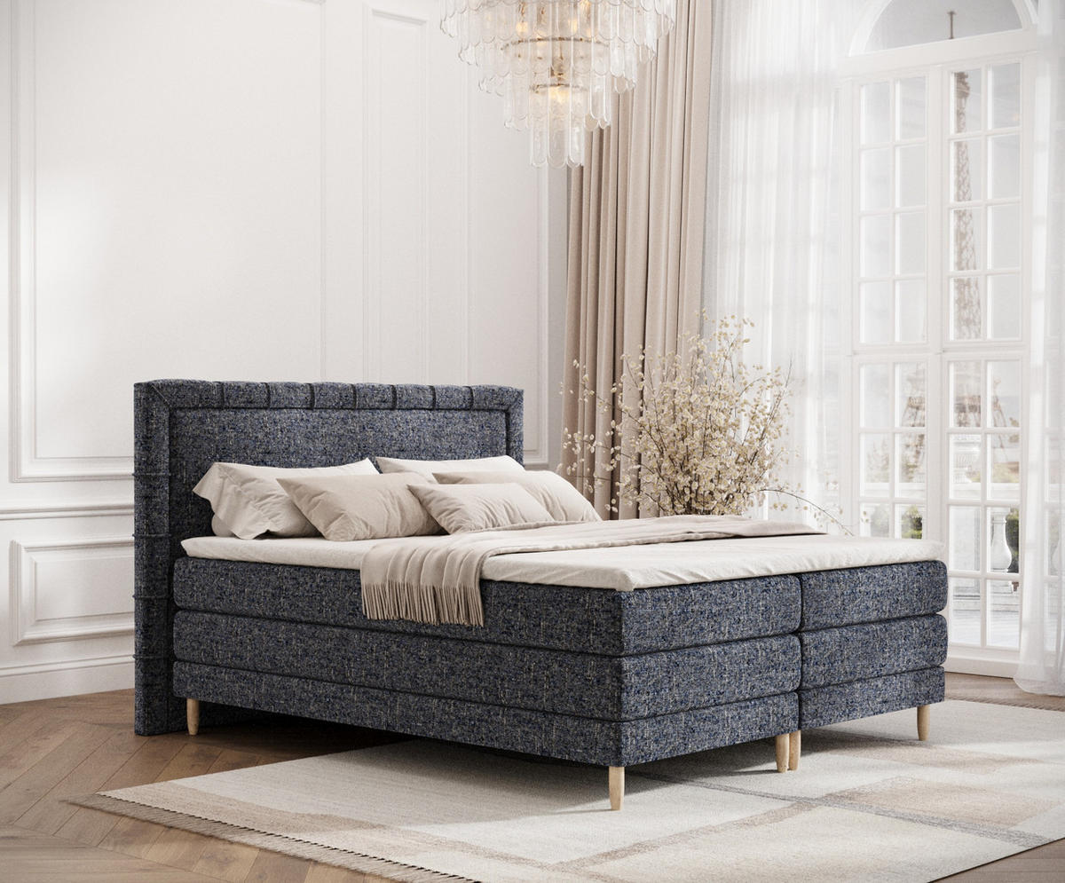 BOXSPRINGBETT Rimini Marineblau 200/200 cm mit Matratze und Topper - Naturfarben/Dunkelblau, Holz/Holzwerkstoff (200/200cm) - Maison de Reve