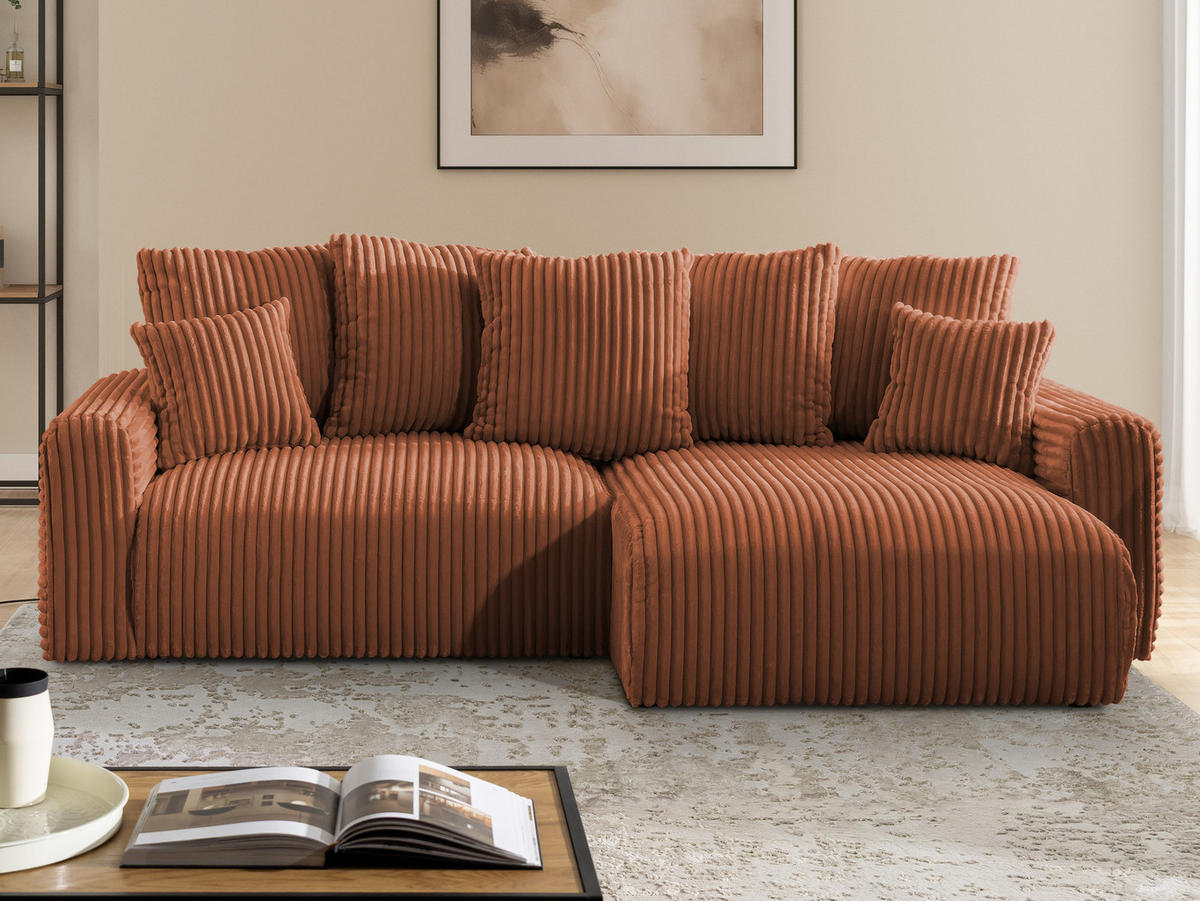 ECKSOFA Calma mit Schlaffunktion und Bettkasten im Bumpy-Design aus weichem Terrakotta Plüschcord - Ottomane rechts - Terracotta/Schwarz, Holz/Kunststoff (140/239cm) - S-Style