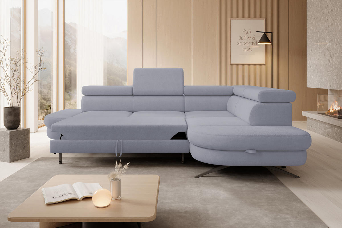 ECKSOFA OTIS L-förm, Schlaffunktion, verstellbare Kopfstützen, in AURORA-Stoff, lose Rückenkissen, freistehend, RECHTS 276x218x97 cm Light Grey - Hellgrau, Holz/Textil (276/218cm) - DomoHome
