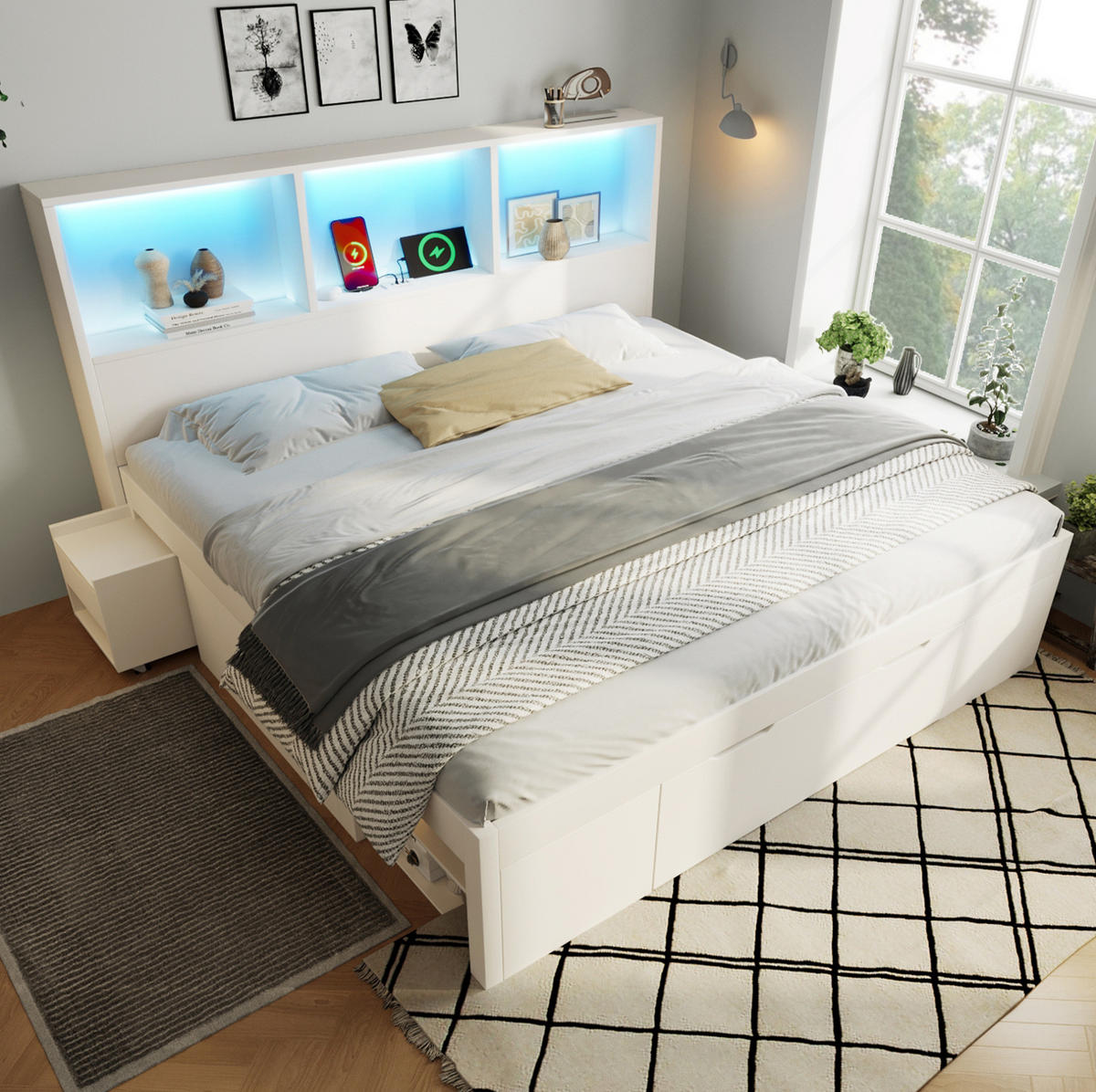 MANŽELSKÁ posteľ 140/190 cm biela z dreva s LED osvetlením USB a 2 pohyblivými nočnými stolíkmi - biela, kompozitné drevo (140/190cm) - OKWISH