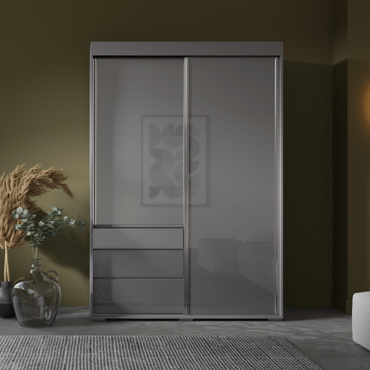 SCHIEBETÜRENSCHRANK mit Schubladen Torino 2D 140 Grau (Lacobel) - Silberfarben/Grau, Holzwerkstoff/Metall (140/204/65cm) - mzm24