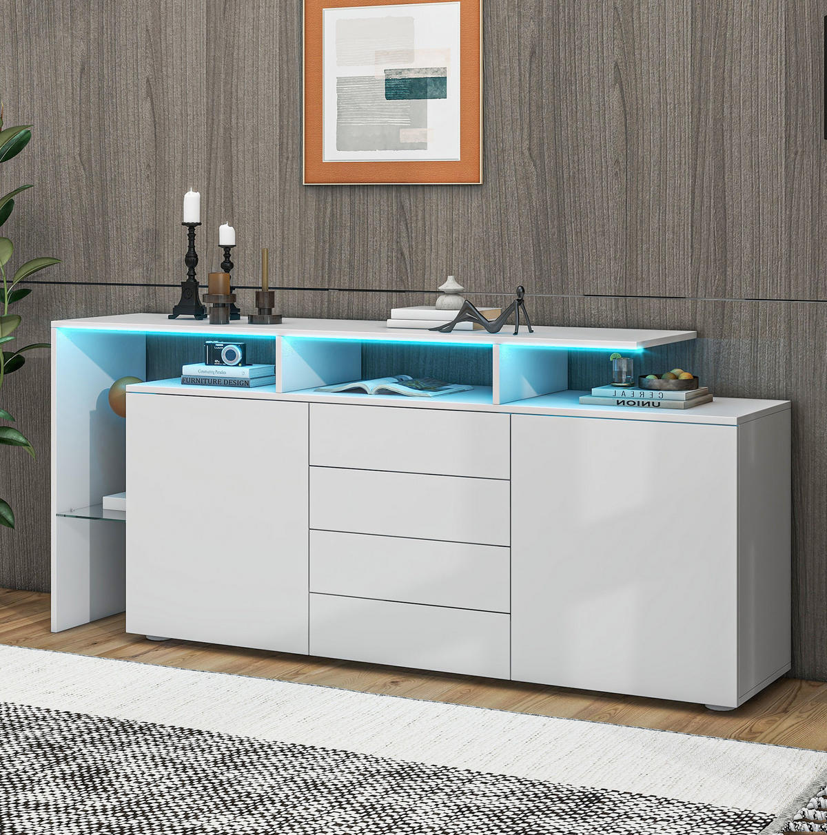 SIDEBOARD mit LED 160 cm Weiß Hochglanz - Weiß, Holzwerkstoff (160/70/35cm) - Meubliv