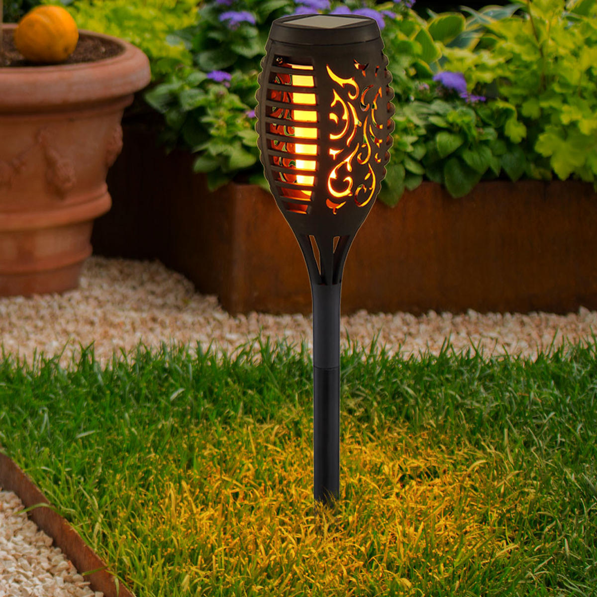 LED AUSSENLEUCHTE Solarleuchte Schwarz Feuereffekt 6er Set - Schwarz, Kunststoff (7.5/7.5/51cm) - Globo Lighting