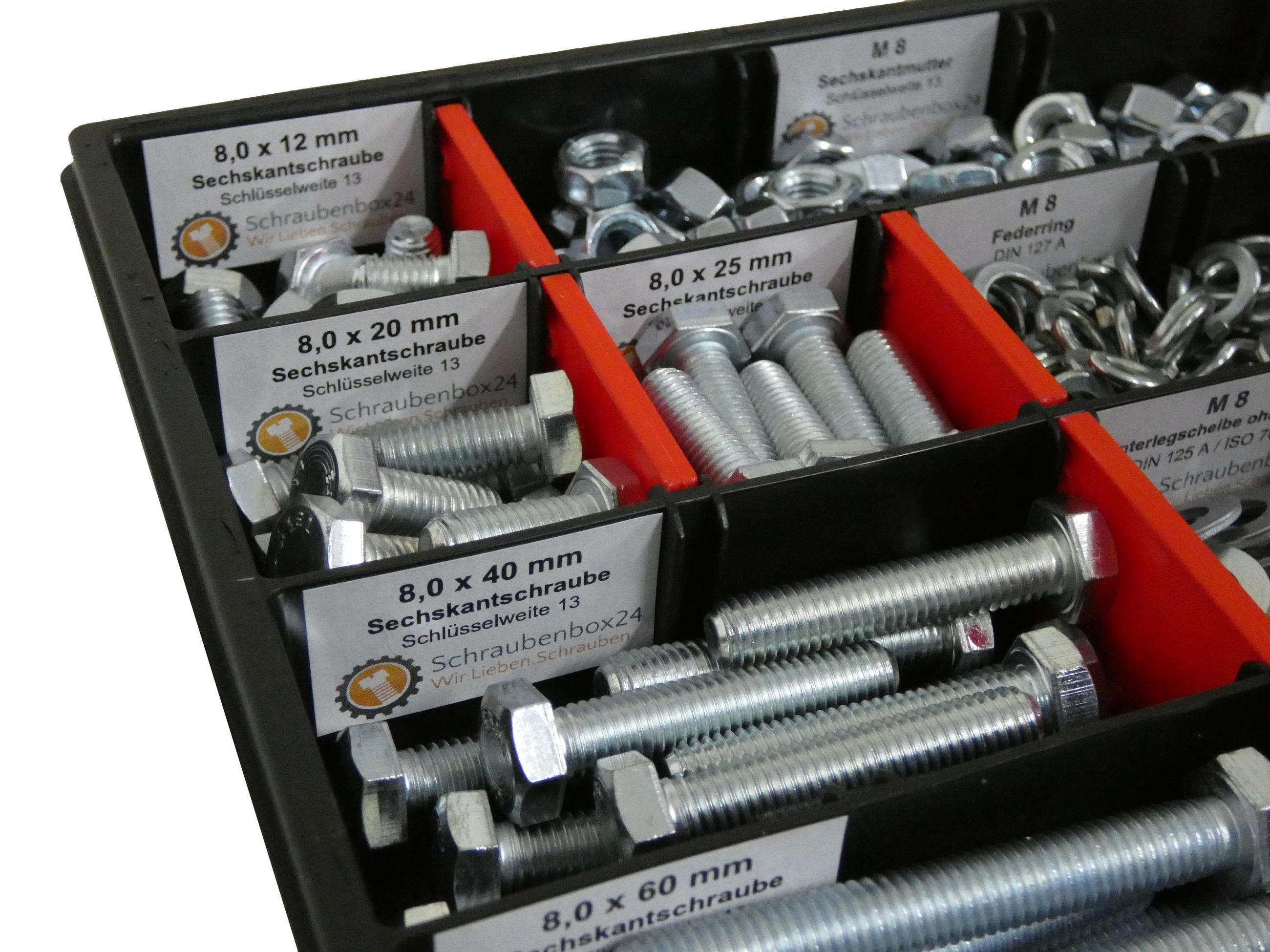 SCHRAUBENSET mit Sechskantschrauben, Muttern, Unterlegscheiben und Federringen M8 // 12mm-70mm 400 tlg - Zinkfarben, Metall (8/3.5cm) - Schraubenbox24