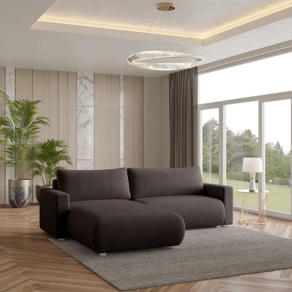 ECKSOFA TURIN P Braun Kordstoff mit Schlaffunktion - Braun, Holz (265/183cm) - MASSENO