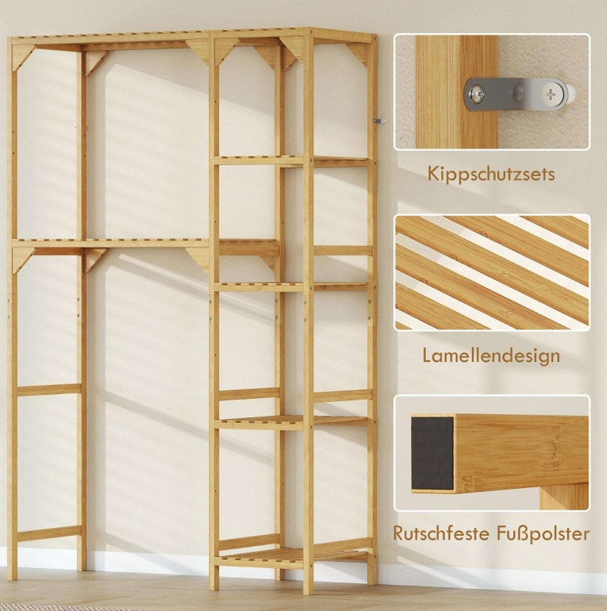 STANDREGAL aus Bambus 100x40x157 cm Naturfarben mit 7 Ablagen und flexibel montierbaren Seitenregalen - Naturfarben, Naturmaterialien (100/157/40cm) - Modfu