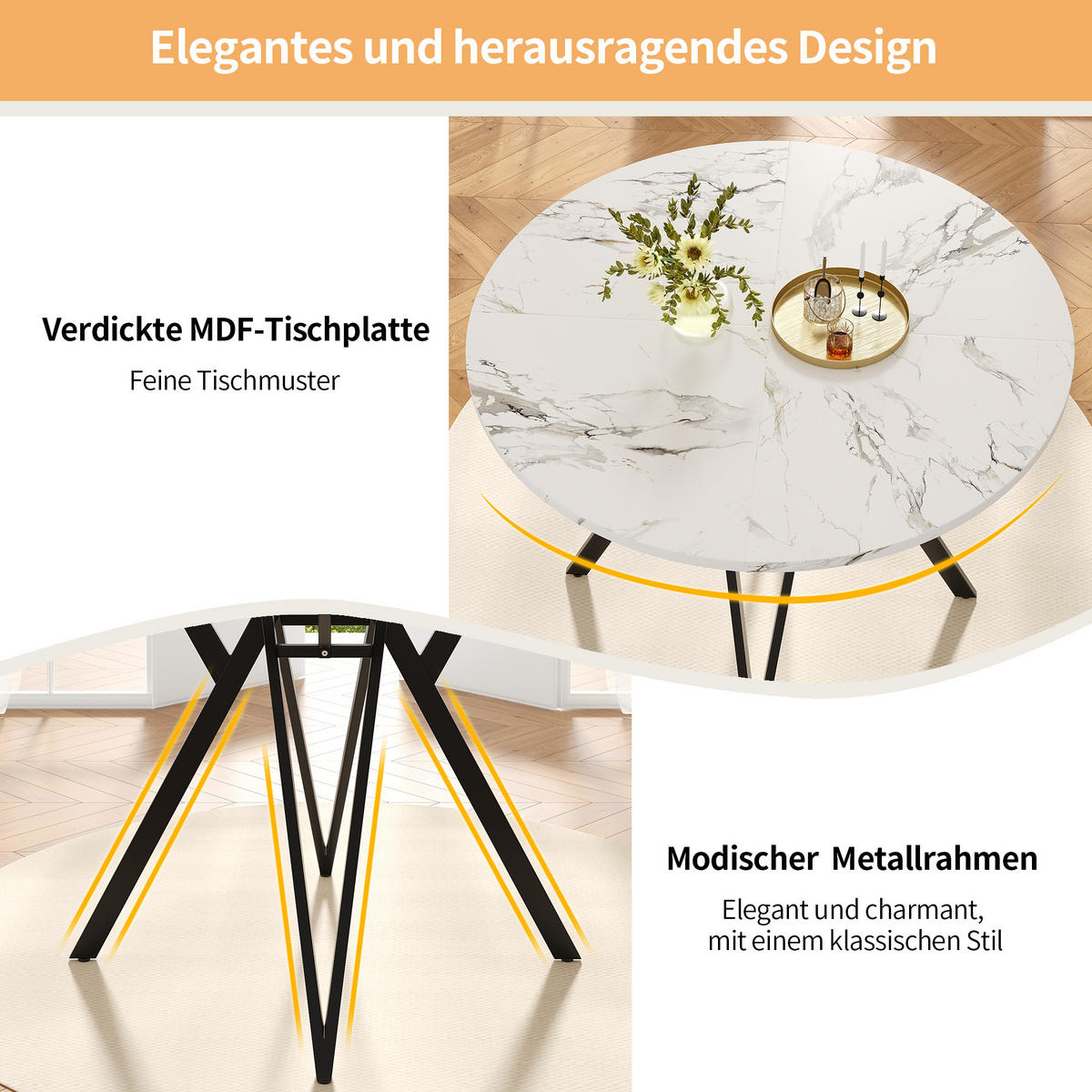 ESSTISCH Rund 100/100/76 cm Schwarz aus MDF in Marmoroptik mit Metallgestell - Schwarz, Holzwerkstoff (100/100/76cm) - OKWISH