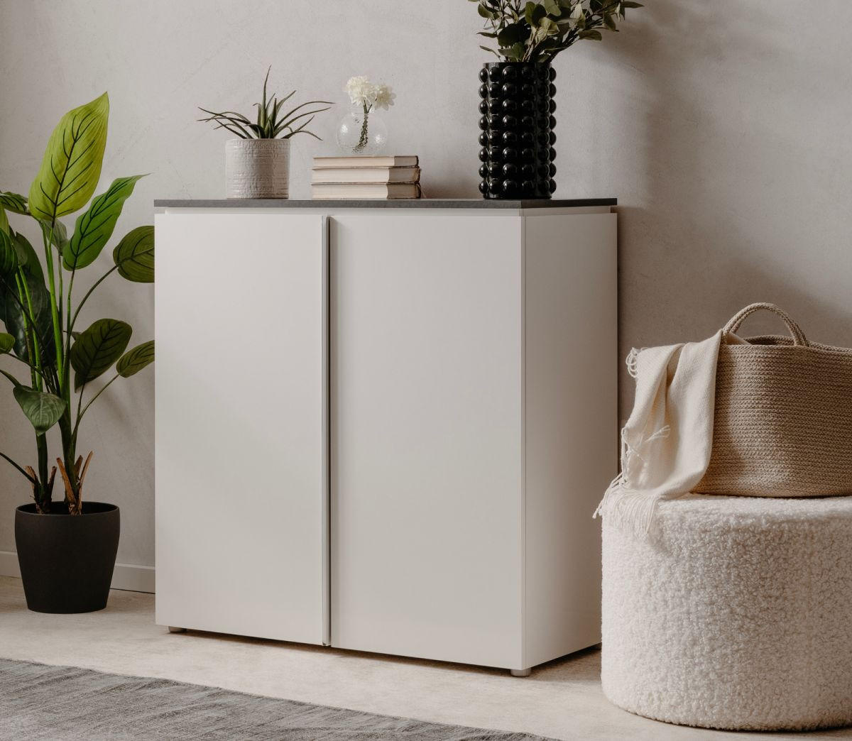 KOMMODE weiß Glanz, grau 89 cm, Sideboard 2-türig - Chromfarben/Silberfarben, Holzwerkstoff/Kunststoff (88.5/92/40cm) - Furn.Design