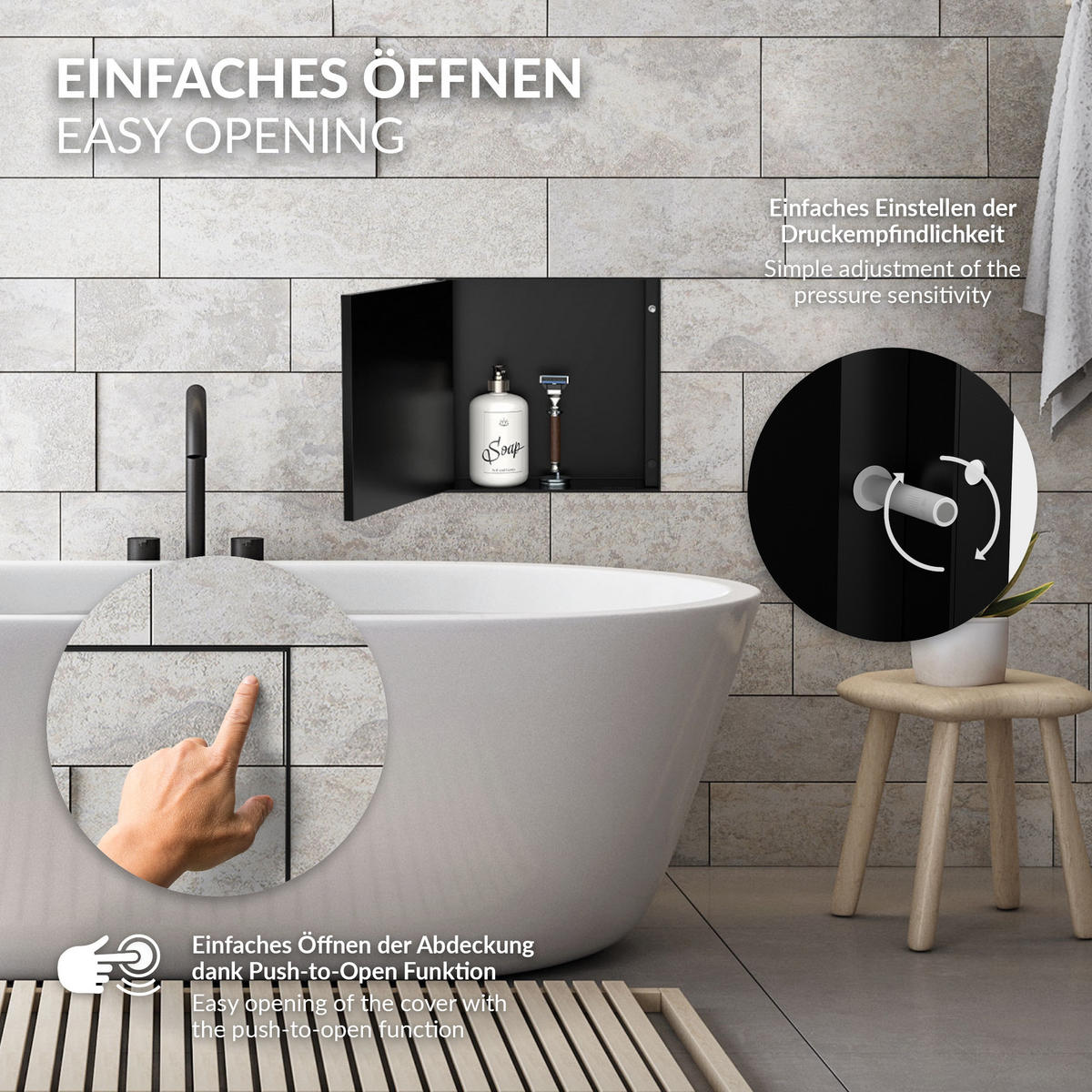 SPRCHOVÁ NIKA z nerezové oceli s obkladovými dvířky, černá, 25,5/25,5 cm - černá, kov (30/10/30cm) - LuxeBath