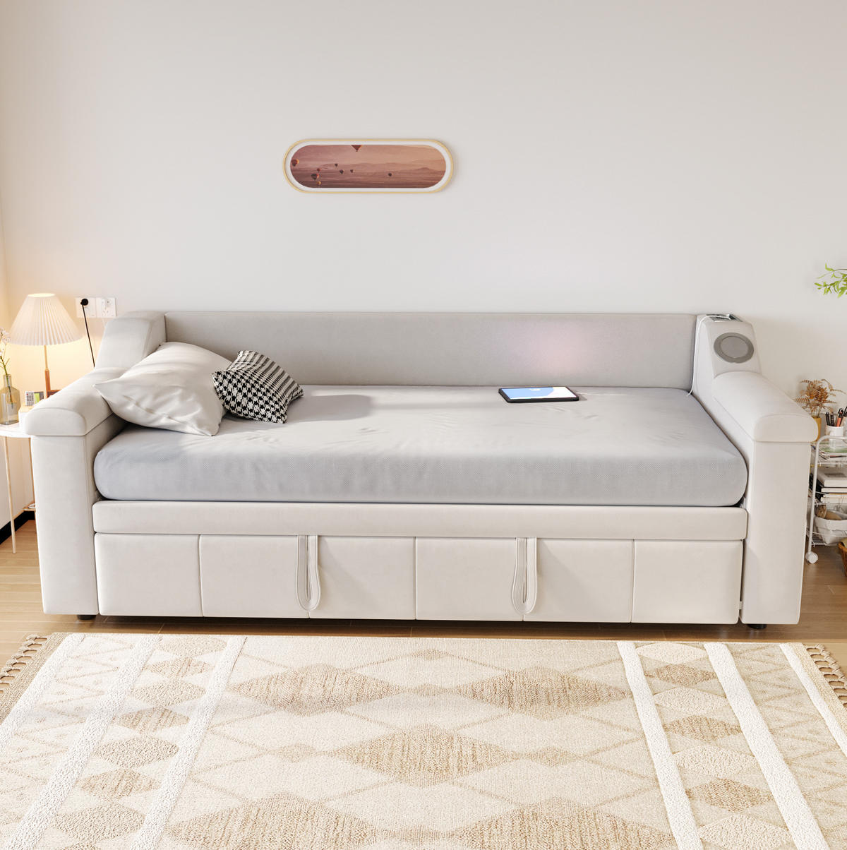 ČALÚNENÁ posteľ 90/180x190 cm s hydraulickým vysúvaním, Bluetooth stereo, USB a úložnými priehradkami, Béžová - béžová, textil (90/190cm) - Redom