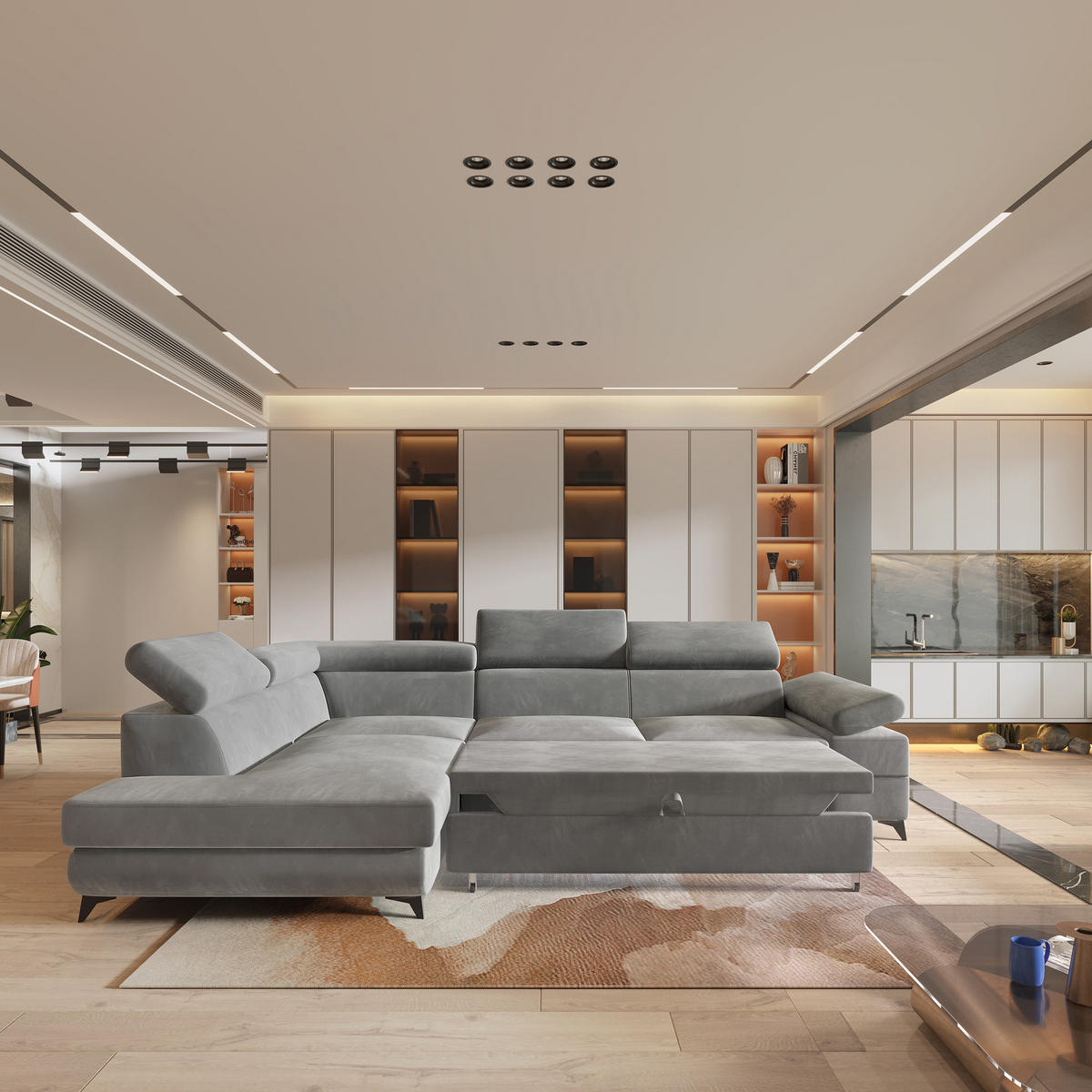 ECKSOFA FAVIEN L-S Hellgrau Velours-Stoff mit Schlaffunktion - Hellgrau, Holz (257/190cm) - MASSENO