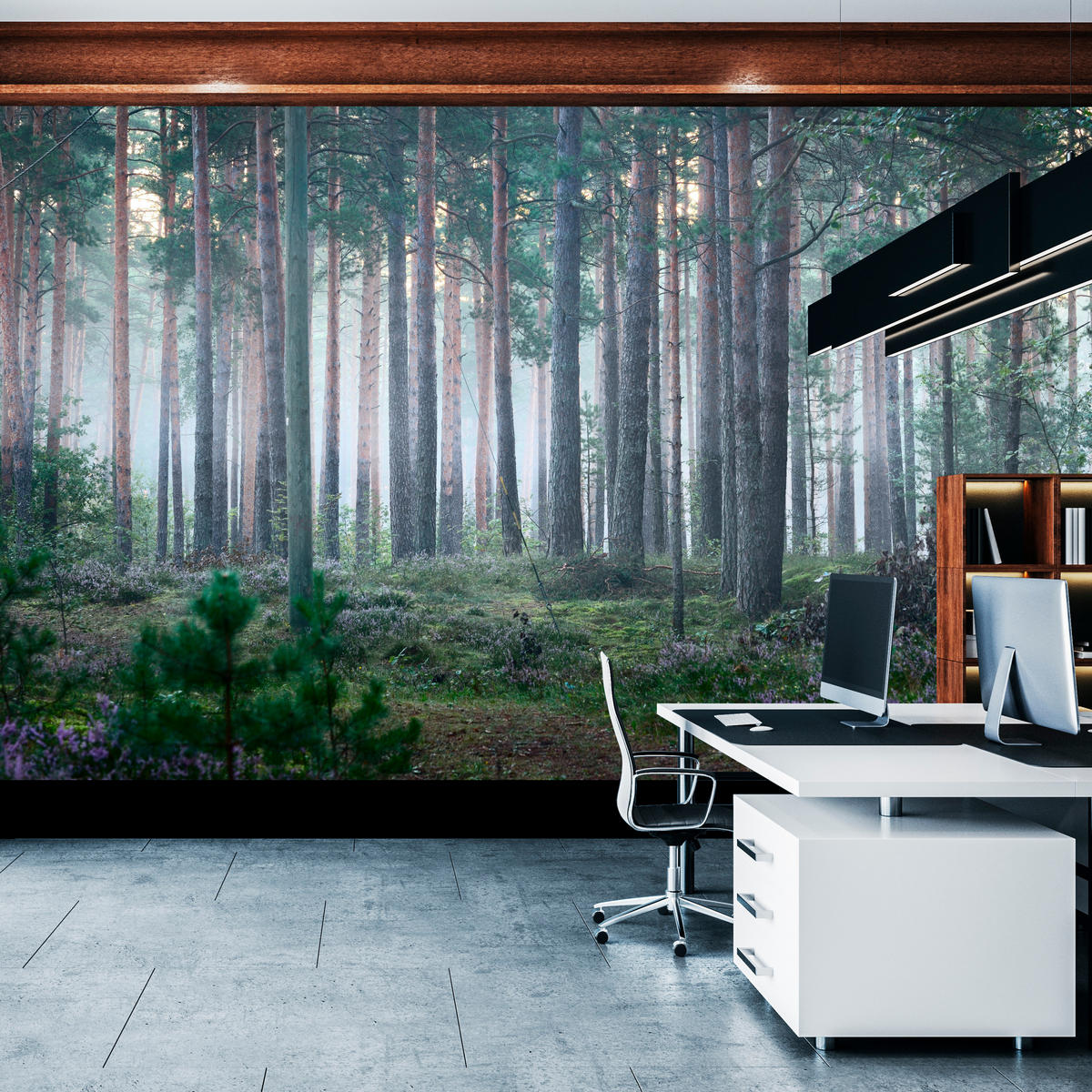 FOTOTAPETE für Wohnzimmer Nebelwald mit Bäumen Moos Grün 300x210 - Grau/Grün, Papier (300/210cm) - Muralo