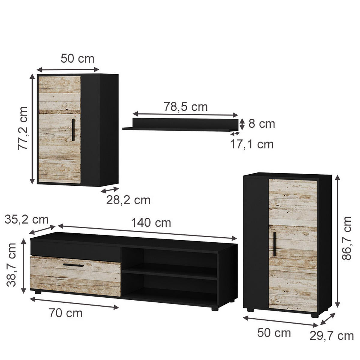 WOHNWAND Berno Anthrazit/Beige 4-teiliges Set - Anthrazit/Beige, Holzwerkstoff (139.8/38.9/35.4cm) - Vicco