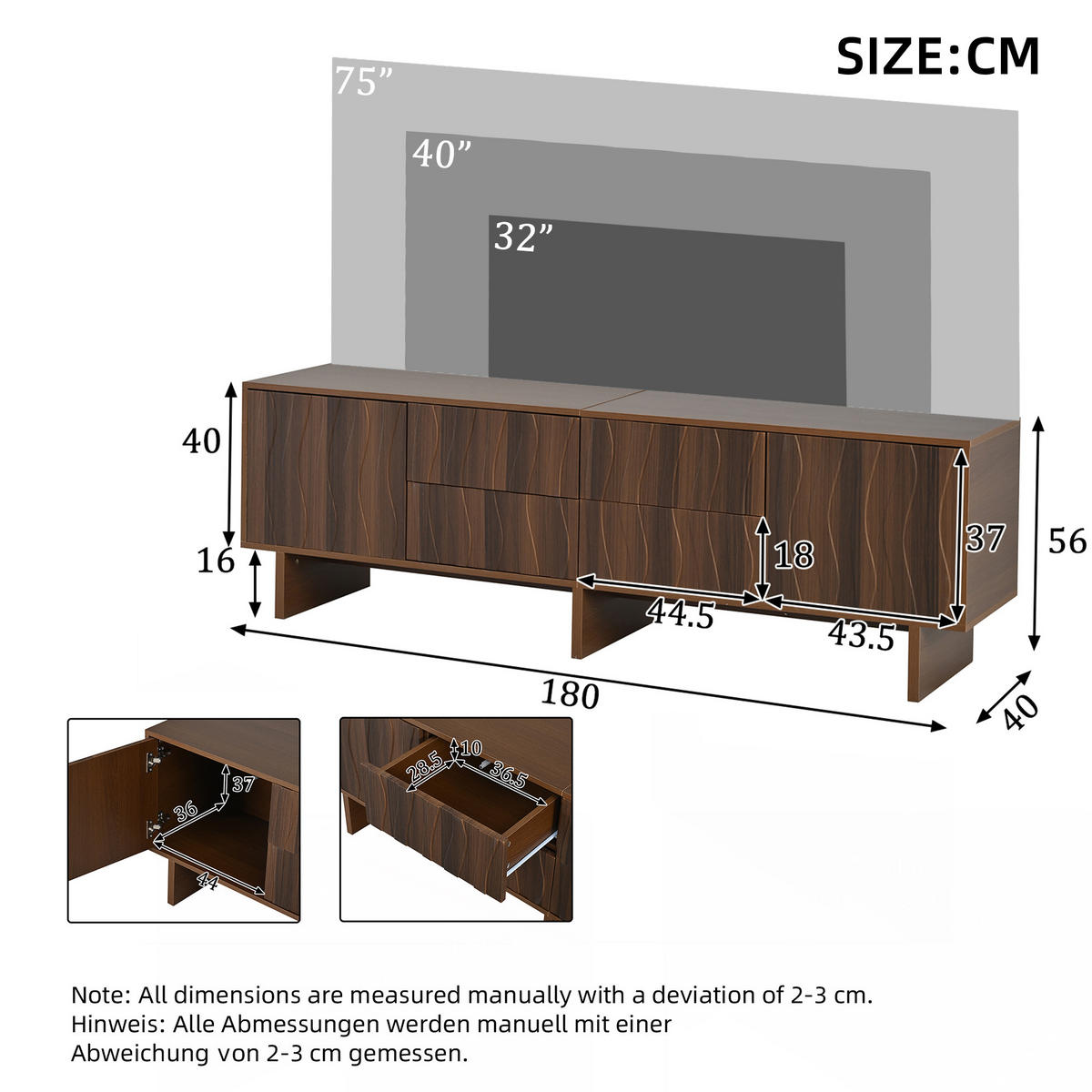 TV-LOWBOARD 180/40/56 cm mit 4 Schubladen und 2 Türen in Wellenoptik aus Spanplatte, Walnuss - Braun, Holzwerkstoff (180/56/40cm) - Redom