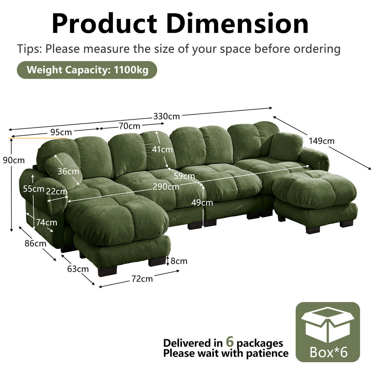 SOFA in U-Form mit 2 mobilen Hockern Chenille Grün - Grün, Holz (149/90/330.1cm) - Meubliv