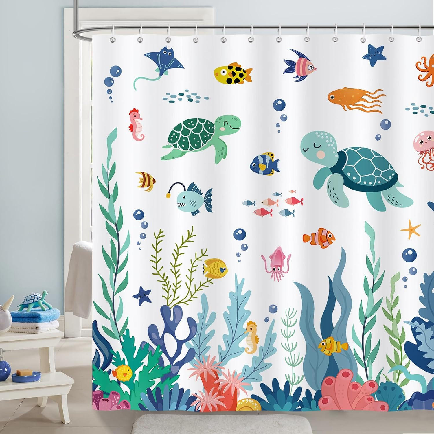 DUSCHVORHANG Ozean Tiere Polyester mit Haken Badezimmer - Blau, Textil (180/180cm) - MCBOSON
