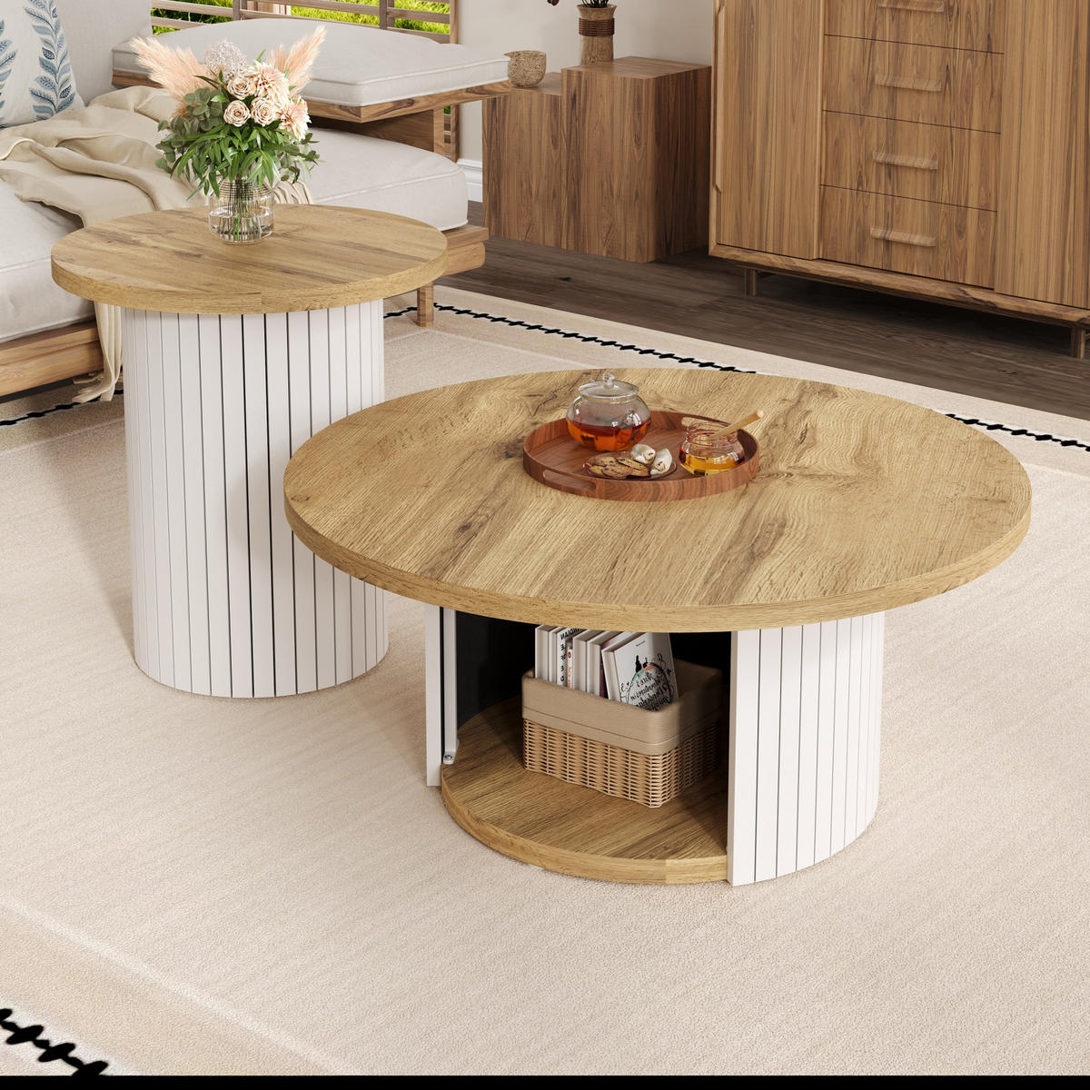 KLUBSKA miza, komplet 75/75/50 in 45/45/35 cm, MDF naravna - naravne barve, leseni material (75/75/35cm) - BEAOK