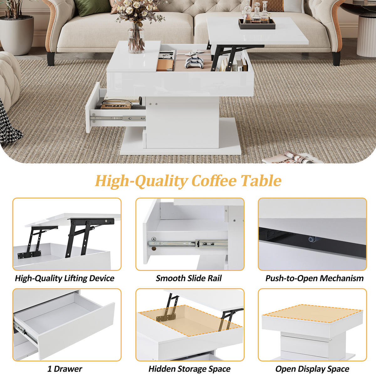 COUCHTISCH 70/70/45 cm Weiß aus Spanplatte mit Hebefunktion und Stauraum - Weiß, Holzwerkstoff (70/70/45cm) - OKMYHOME