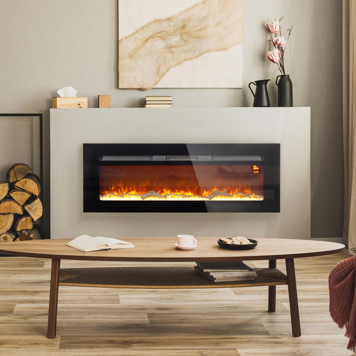 ELEKTROKAMIN 1800 W Wandkamin mit LED 3D-Flammeneffekt Kristalle in 3 Farben - Schwarz, Metall (15.8/45/127cm) - HOMCOM