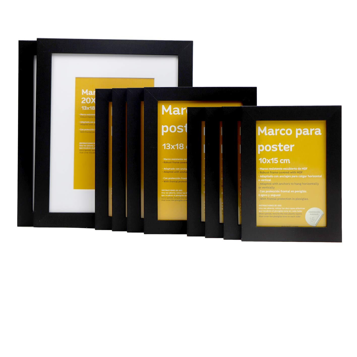 RAHMEN Set mit 10 aus MDF und Acrylglas Schutz und Aussteller für Fotografien, Bilder, Poster, Gemälde Farbe Schwarz 20x25, 13x18, 10x15 cm - Schwarz, Holz (20/3/25cm) - Nacnic