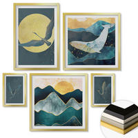 WANDBILDER 5er Set - 50x50 cm & 20x30 cm & 40x60 cm Goldrahmen - Vögel, Kraniche, Mond, Berge - Goldfarben, Kunststoff (40/60cm) - ArtPrintCave