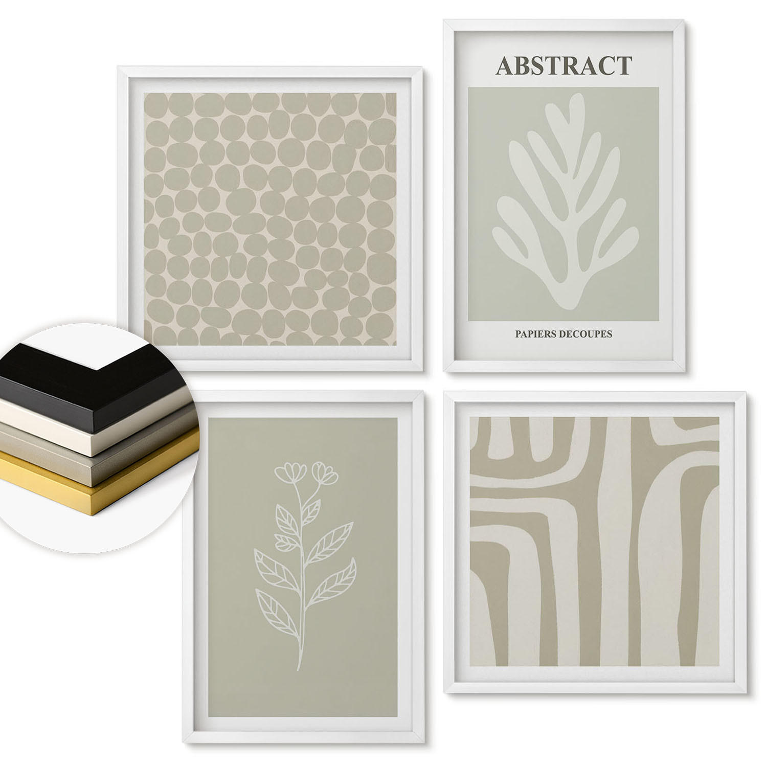 WANDBILDER 4er-Set - 50x50 cm & 40x60 cm Weißer Rahmen - Pflanzen- und geometrische Muster - Weiß, Kunststoff (50/50cm) - ArtPrintCave