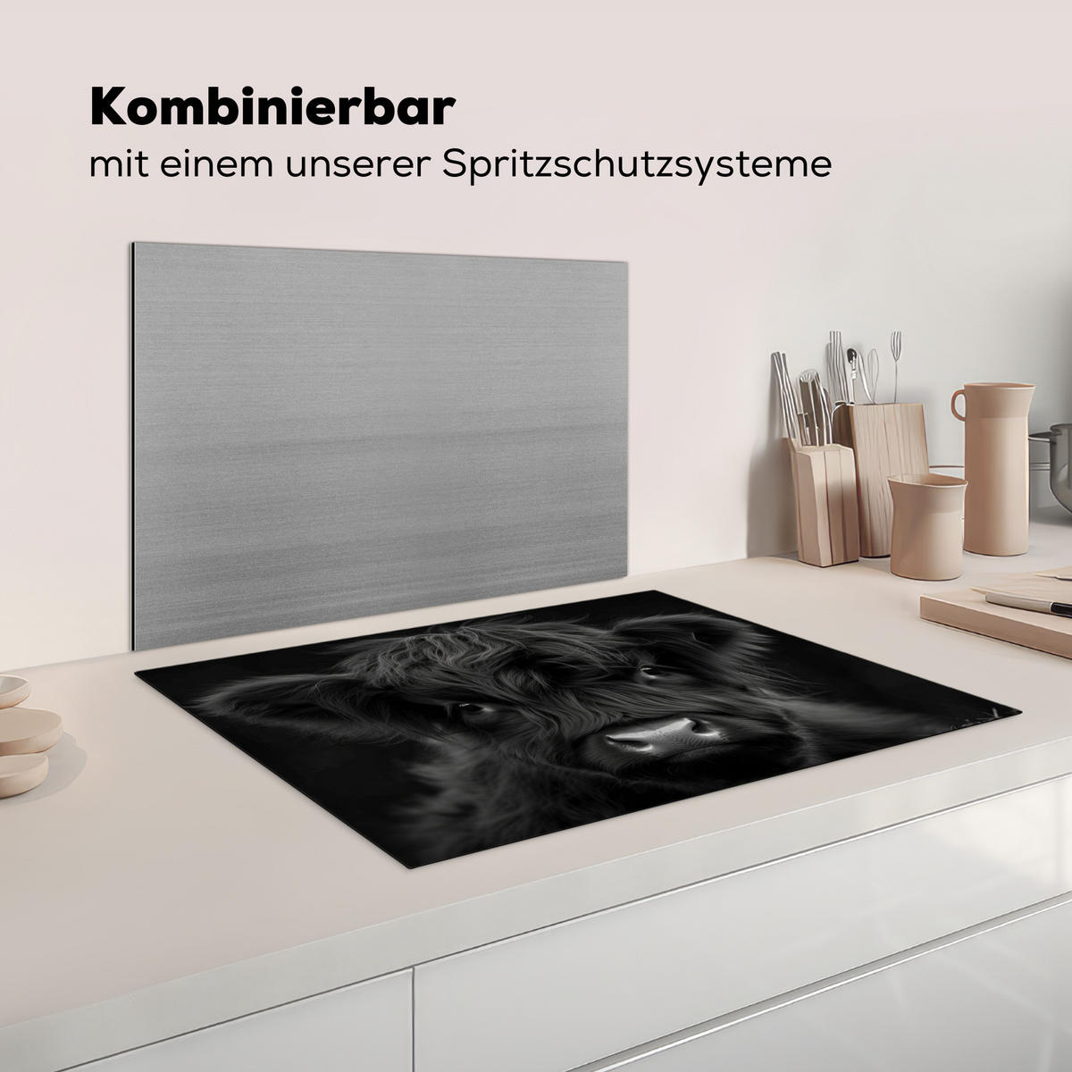 HERDABDECKPLATTE Scottish Highlander - Schwarz - Kalb - Kuh Herdabdeckung Induktionsfeld 75x52 cm - Schwarz, Kunststoff (75/52/0.2cm) - MuchoWow