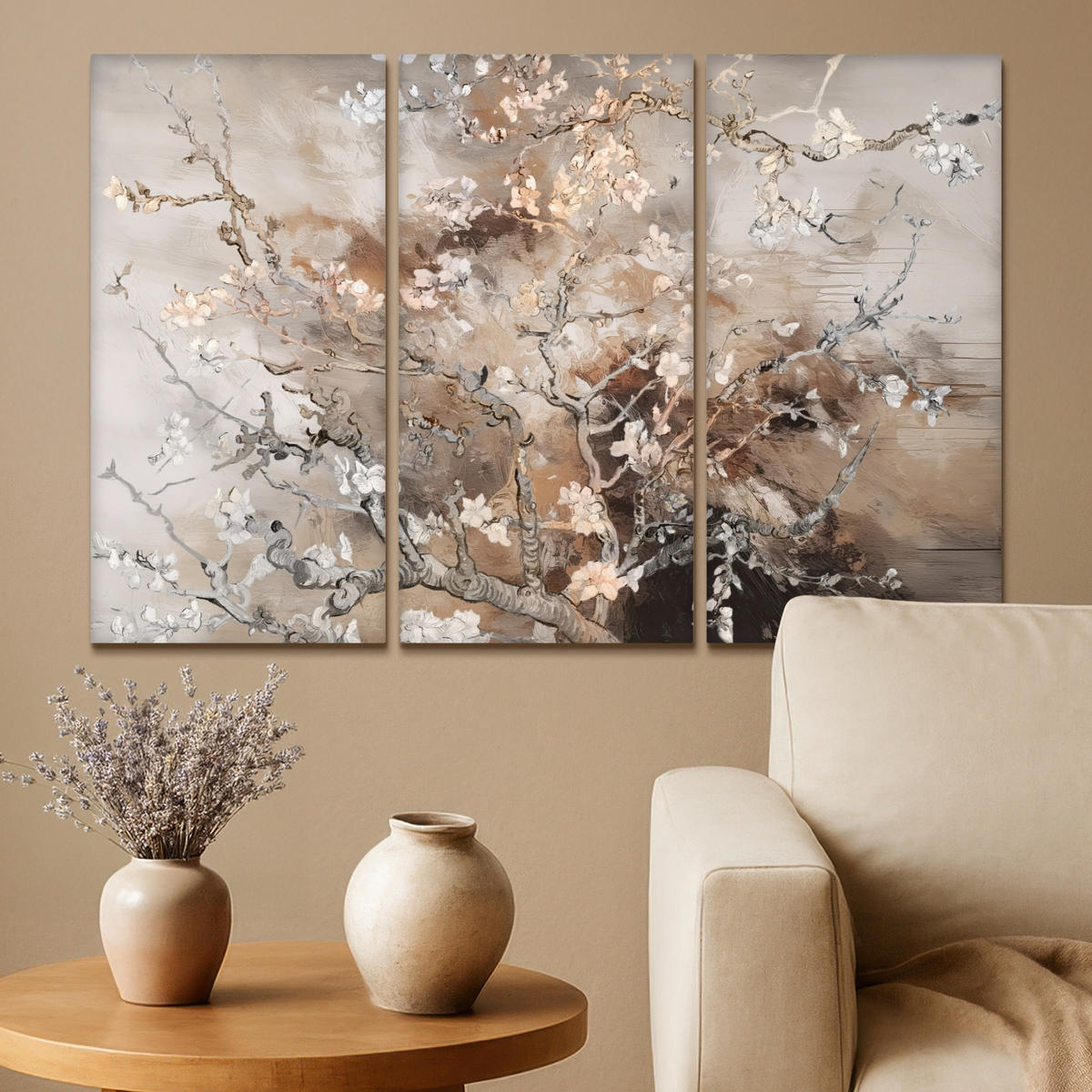 LEINWANDBILD 3er Set Mandelblüte - Abstrakt - Beige 90x60 cm - Beige, Textil (90/60cm) - MuchoWow