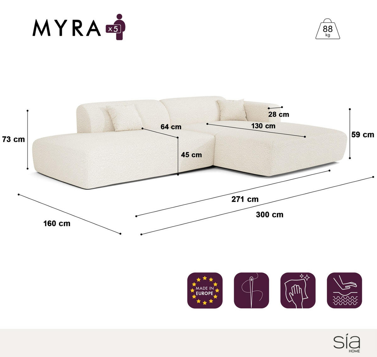 ECKSOFA RECHTS Gerippter Samt Creme 310cm - Creme, Textil (300/96cm) - Sia Home