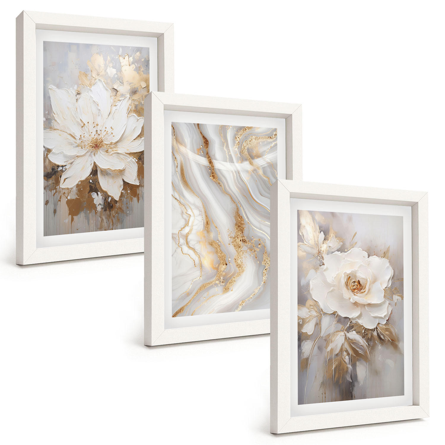 BILDER SET 3er Set - 20x30 cm Weißer Rahmen - Abstrakte Blumen aus Marmor - Weiß, Kunststoff (20/30cm) - TULUP