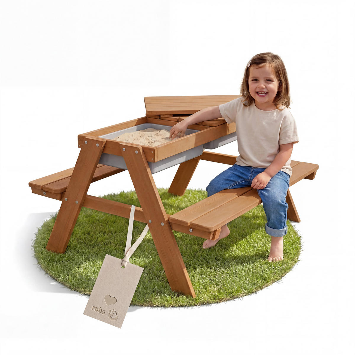 KINDERSITZGARNITUR OUTDOOR + mit Spielwannen und Bankkissen - Teakfarben, Holz - Roba