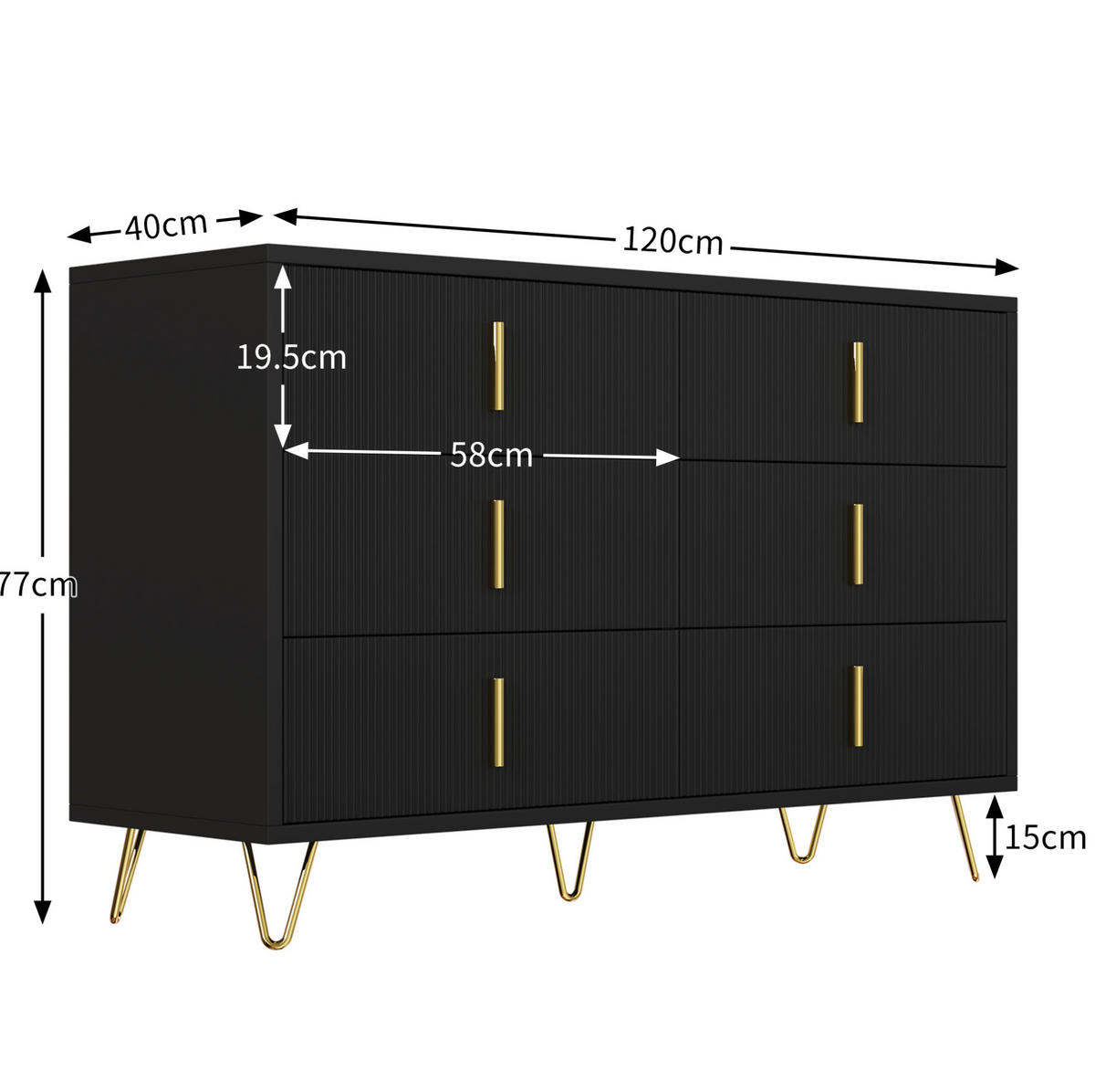 KOMMODE 120/40/77 cm mit 6 Schubladen und goldfarbenen Griffen - Schwarz, Holzwerkstoff (120/77/40cm) - BEAOK