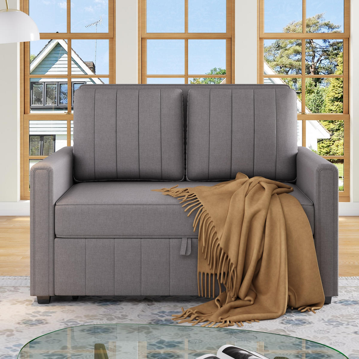 SCHLAFSOFA aus Leinenstoff 127x75x94 cm Antikgrau mit Schlaffunktion, 3-fach verstellbarer Rückenlehne und 2 Kissen - Grau, Kunststoff (75/94/127cm) - Modfu
