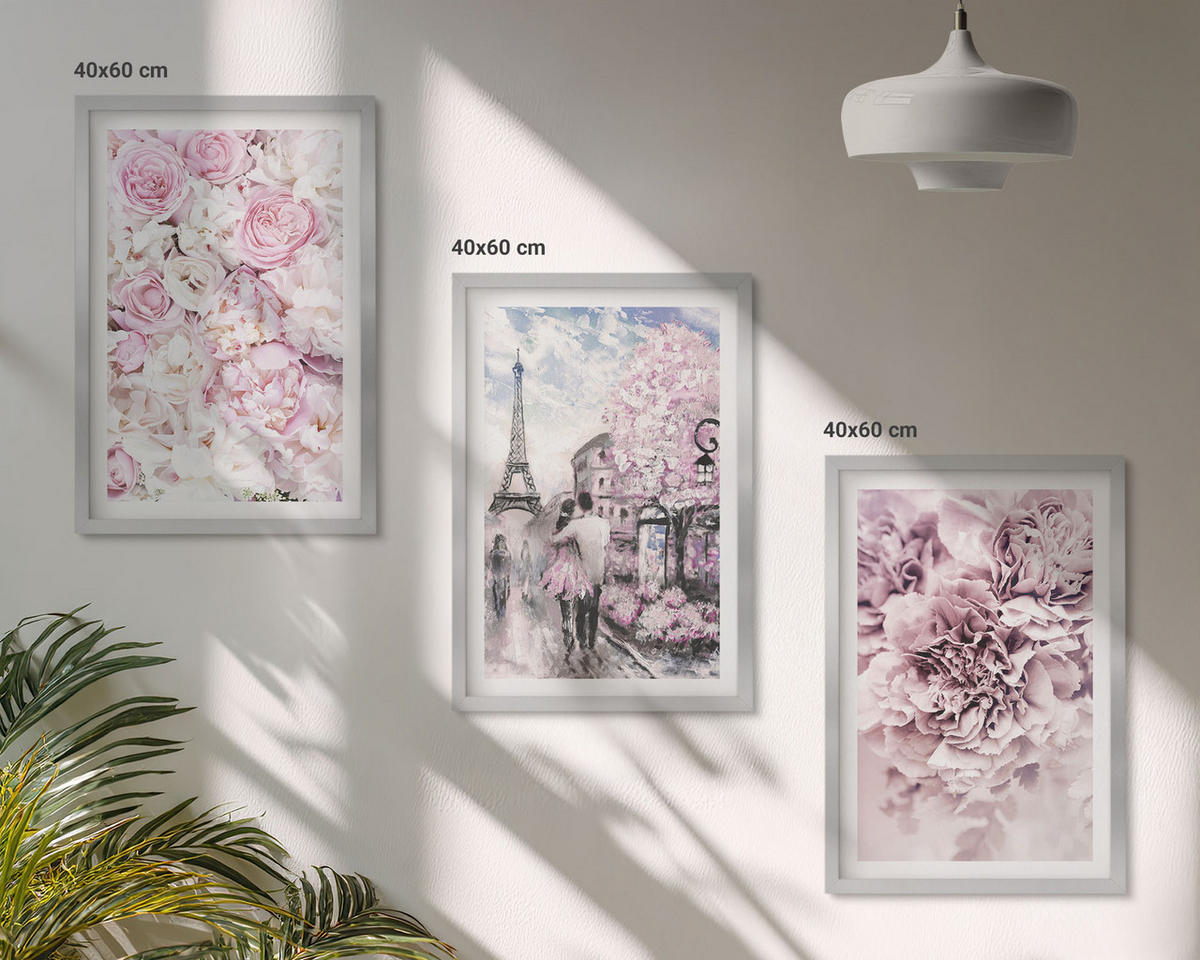 BILDER SET 3er Set - 40x60 cm Silberner Rahmen - Blumenlandschaft in Rosatönen - Silberfarben, Kunststoff (40/60cm) - TULUP