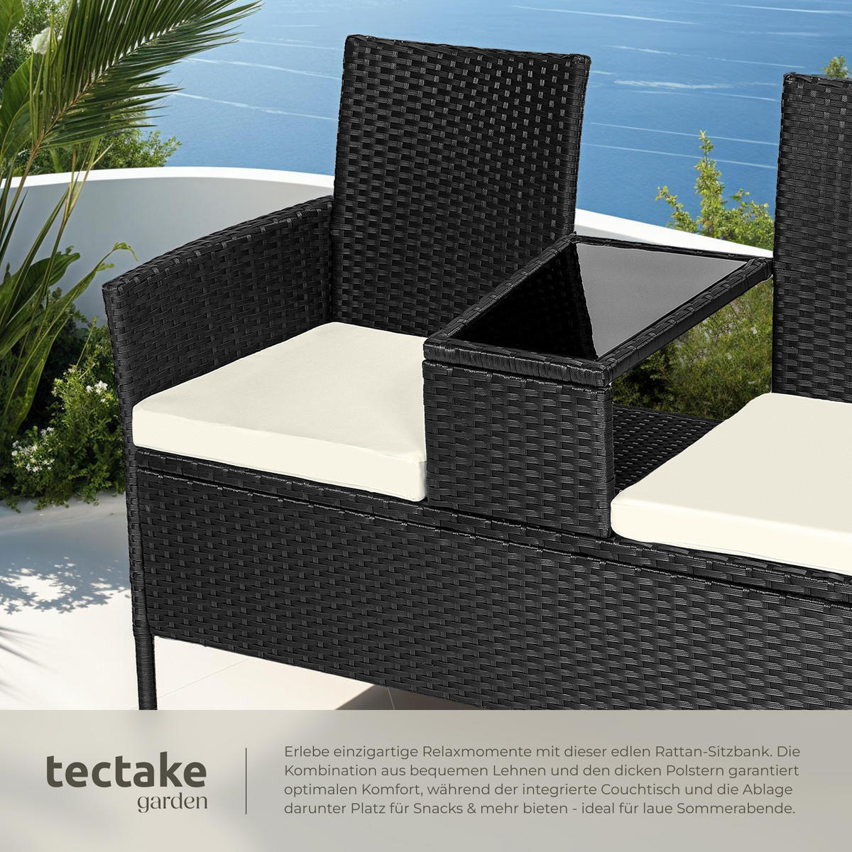 RATTAN GARTENSITZBANK Narbonne,131 x 59 x 82 cm,schwarz/beige - Beige/Schwarz, Kunststoff (61/82/131cm) - tectake