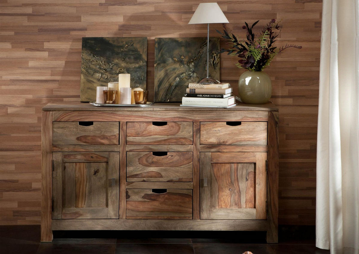 SIDEBOARD Sheesham 140x42x80 grau geölt NATURE GREY #80 - Grau, Holz (140/80/42cm) - Massivmoebel24