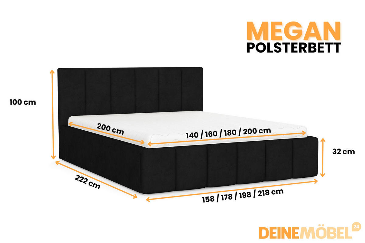 POLSTERBETT MEGAN 200/200 in Velours Schwarz - Schwarz, Holz/Holzwerkstoff (200/200cm) - Deine Möbel 24