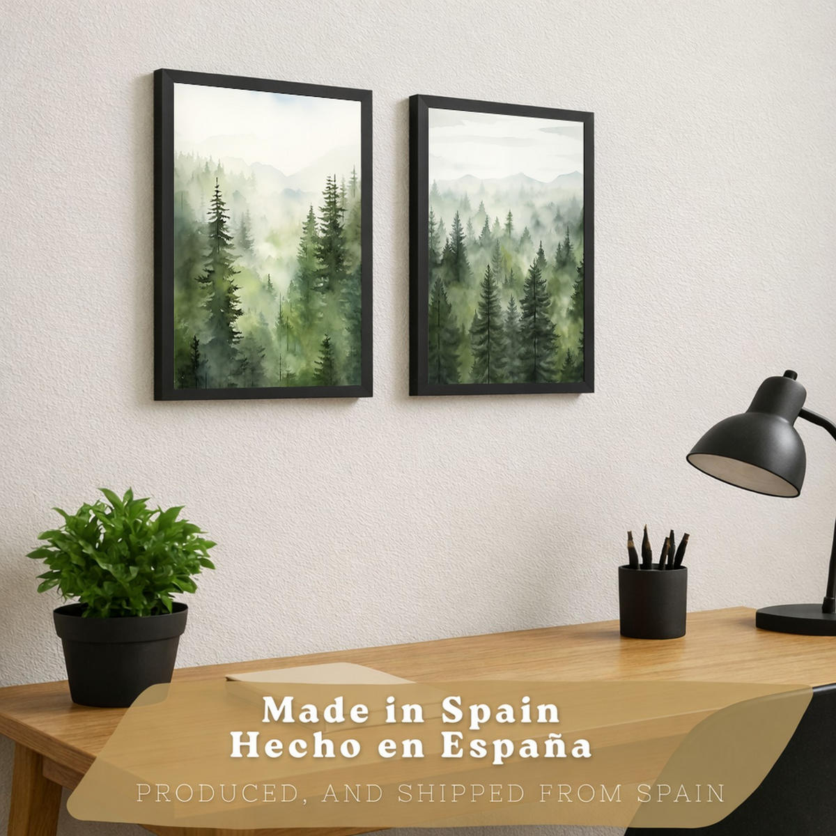 PLAKAT Sada 2 dekorativních tisků Nordic Forest Landscape Moderní obývák Obrázky - Zelené dekorativní plakáty Dekorace ložnice A4 bez rámu - čirá, papír (29.7/42/3cm)