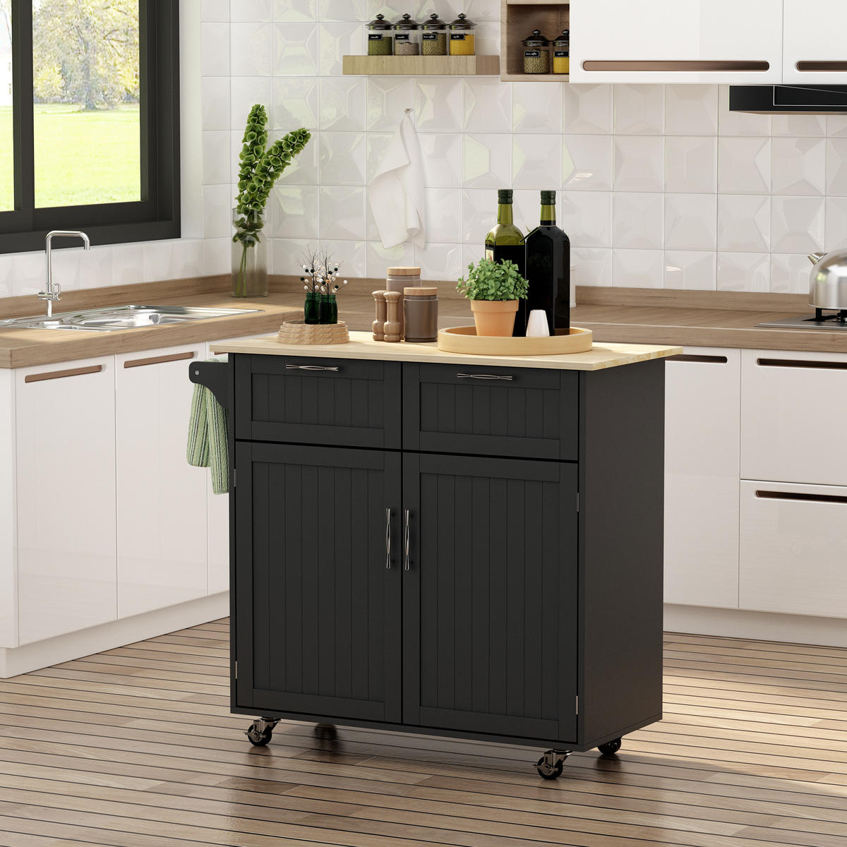 KÜCHENWAGEN, Mehrzweck, 2 Schubladen, Schrank, 4 Rollen, schwarz, 104x46x91cm - Multicolor, Metall (104/91/46cm) - FORIOUS