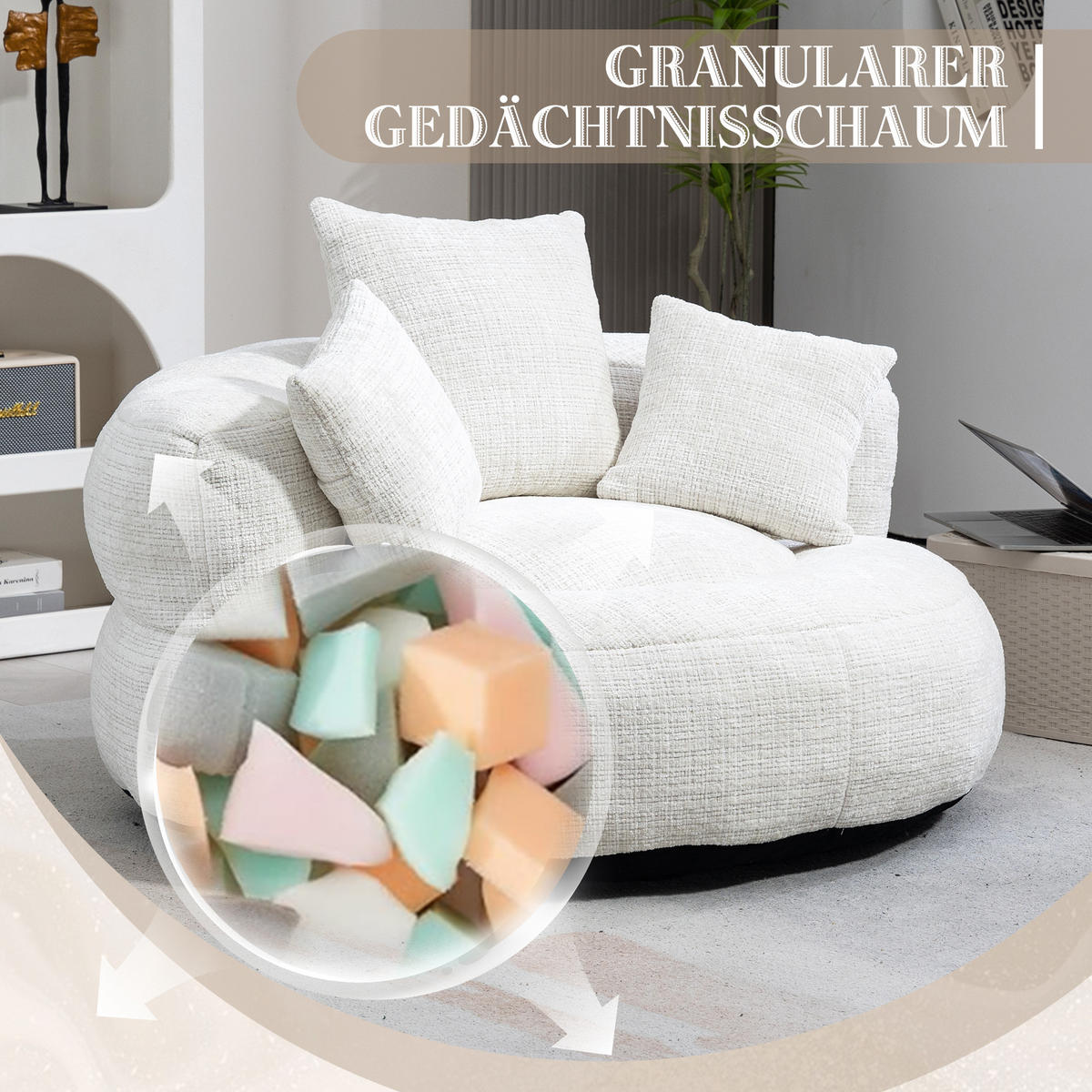 SITZSACK Chenille Beige mit Armlehnen - Weiß, Textil (108/52/108cm) - WISHDOR