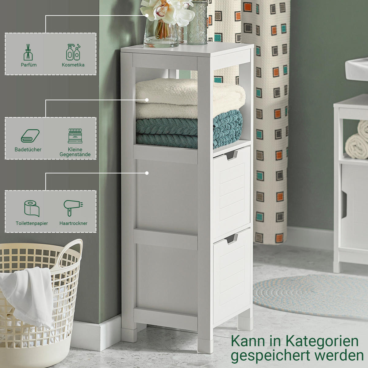 BADEZIMMERSCHRANK Kommode mit 2 Körben Weiß 30x89x30cm - Weiß, Holzwerkstoff (30/90/30cm) - SoBuy