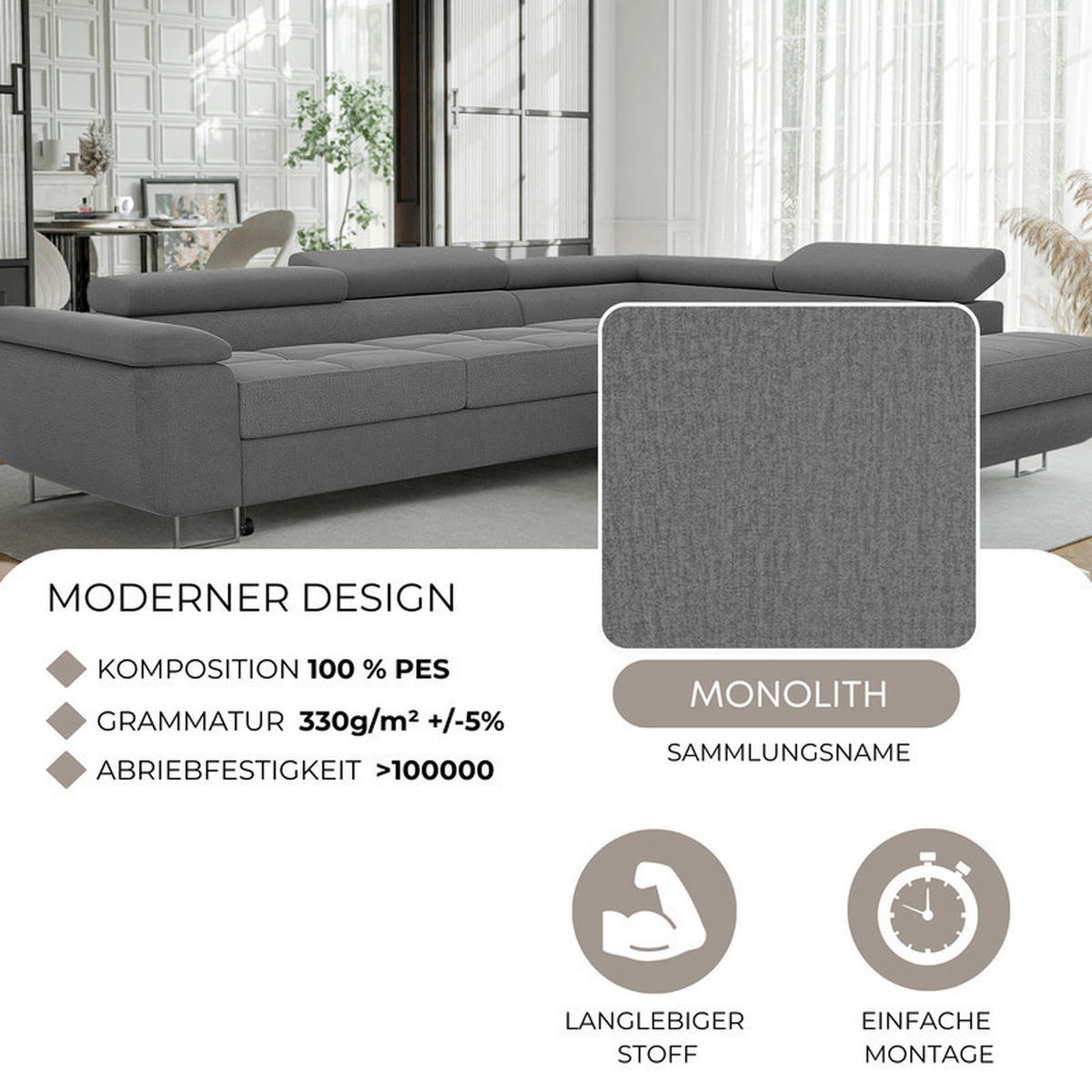 ECKSOFA ANTON rechts, mit Schlaffunktion und Bettkasten Dunkelgrau - Dunkelgrau, Holzwerkstoff/Kunststoff (274/203cm) - Idohome