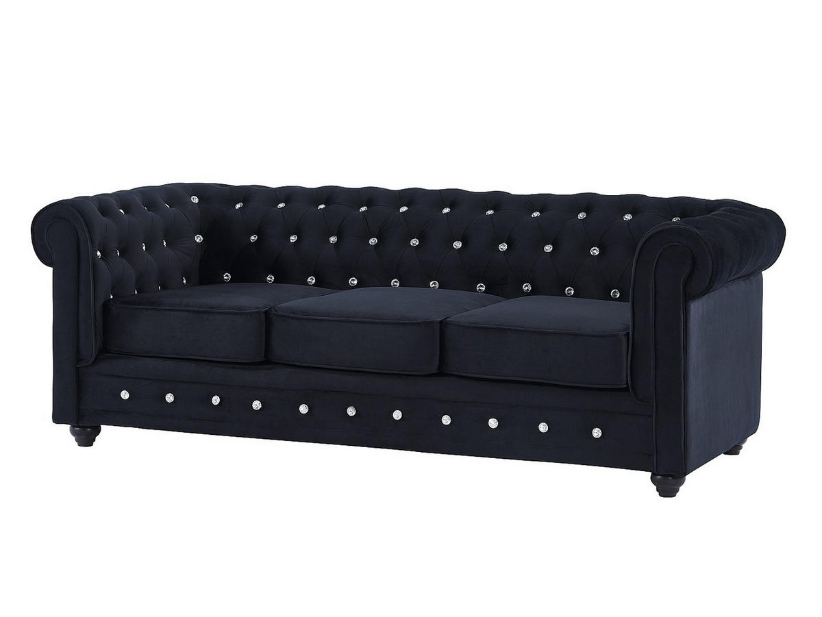 SOFAS 3-Sitzer & 2-Sitzer - Samt - Schwarz mit Knöpfen in Kristall-Optik - CHESTERFIELD - Schwarz, Textil (205/72/88cm) - Vente-Unique